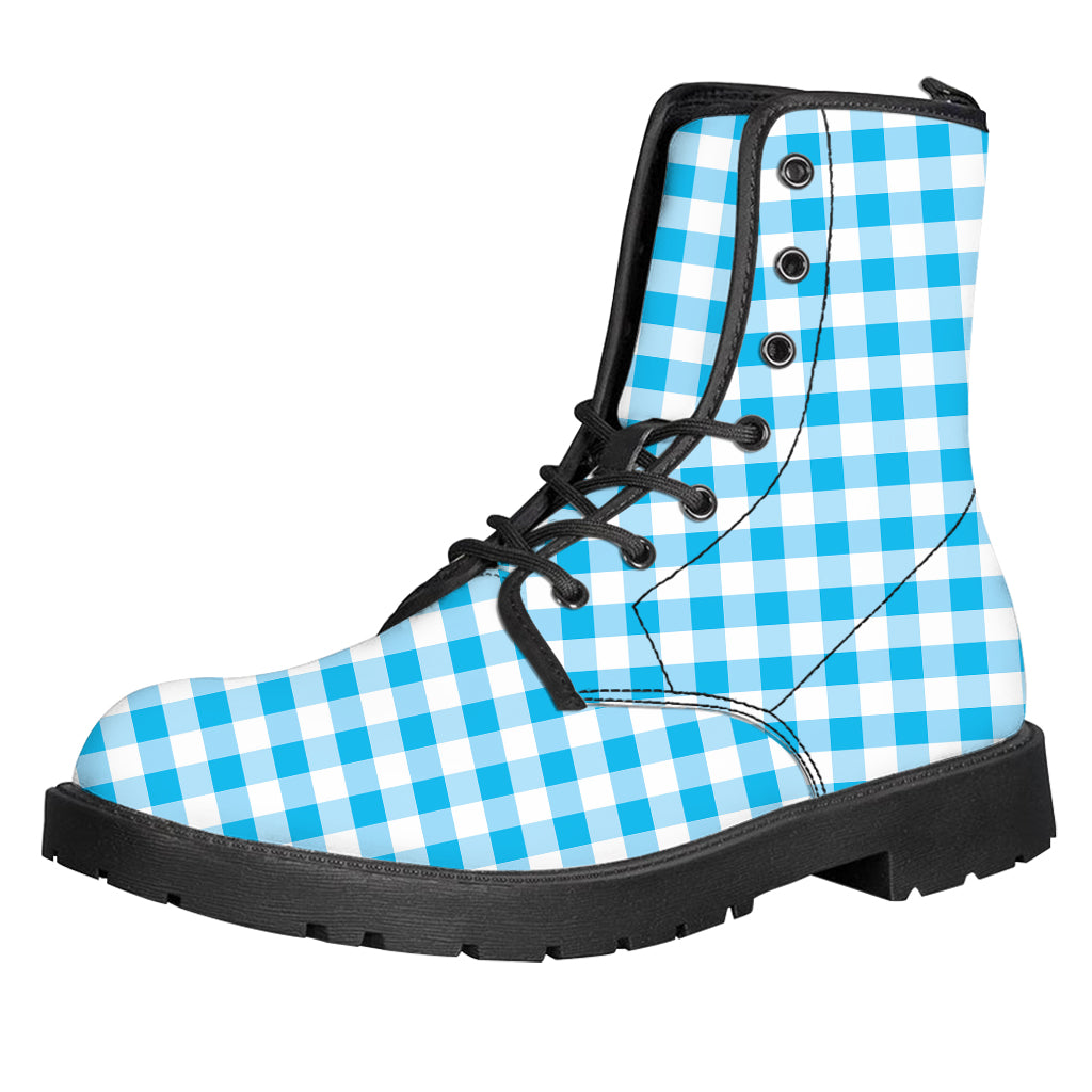 Cyan Blue And White Gingham Print Leather Boots