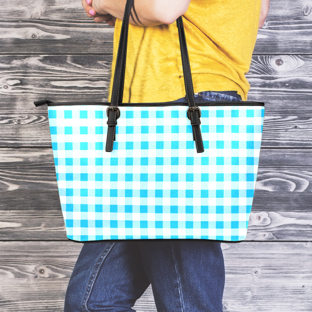 Cyan Blue And White Gingham Print Leather Tote Bag