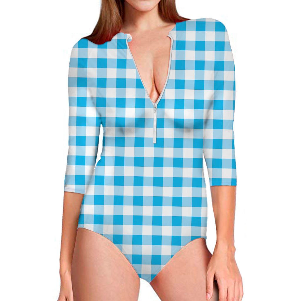 Cyan Blue And White Gingham Print Long Sleeve One Piece Swimsuit