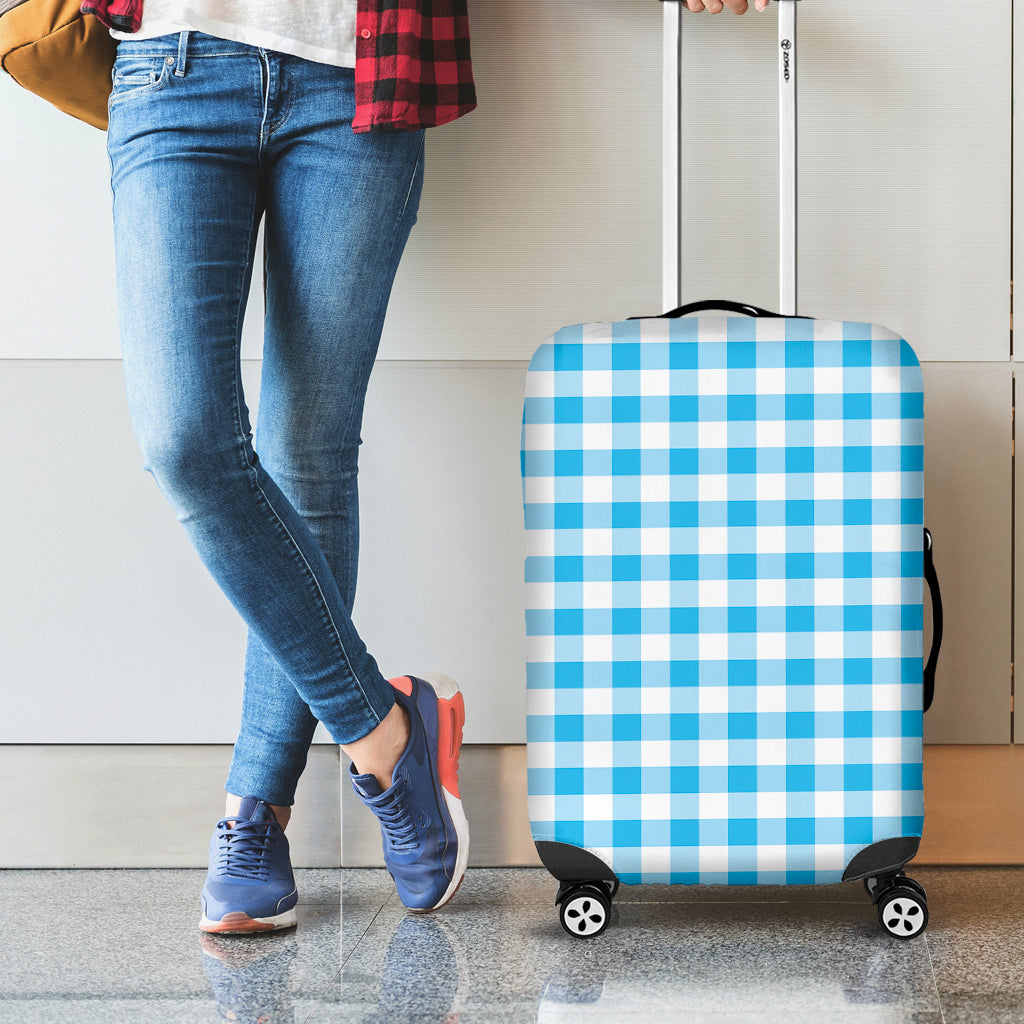 Cyan Blue And White Gingham Print Luggage Cover