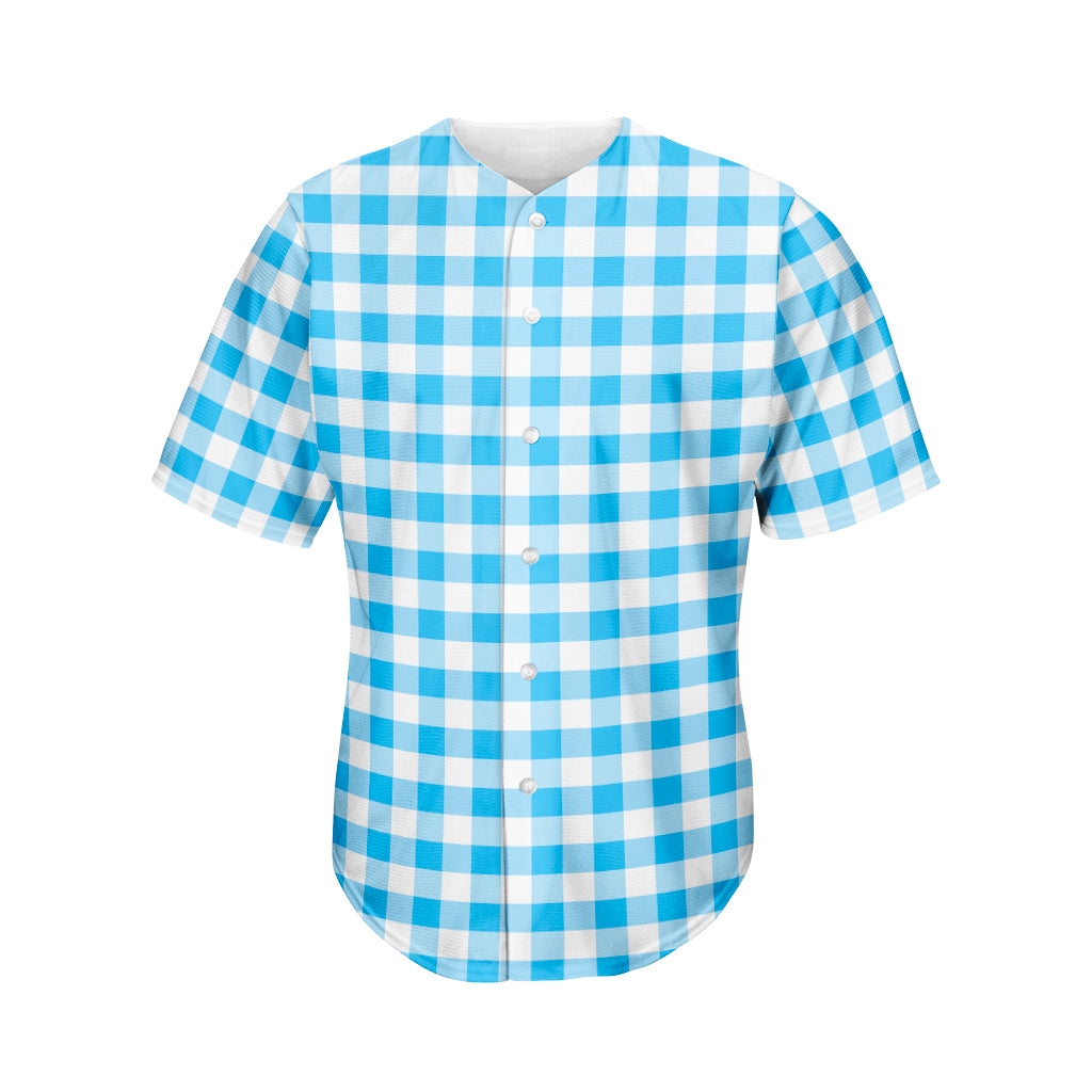 Cyan Blue And White Gingham Print Men's Baseball Jersey