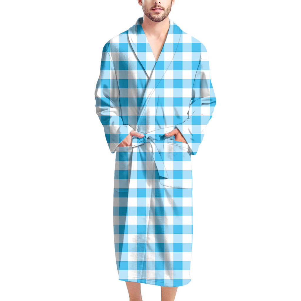 Cyan Blue And White Gingham Print Men's Bathrobe