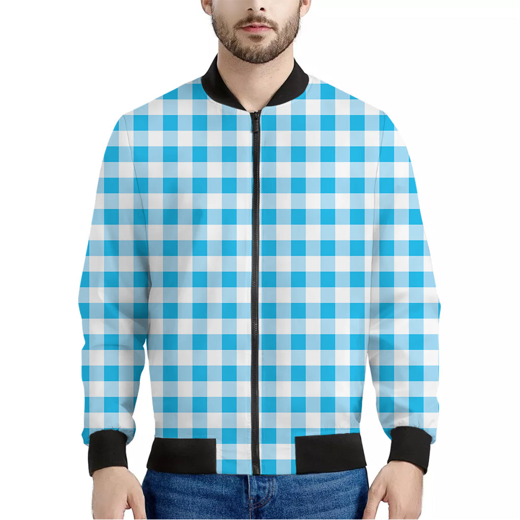 Cyan Blue And White Gingham Print Men's Bomber Jacket