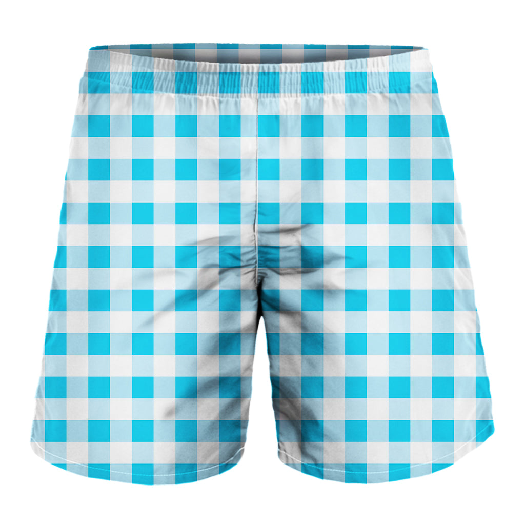 Cyan Blue And White Gingham Print Men's Shorts