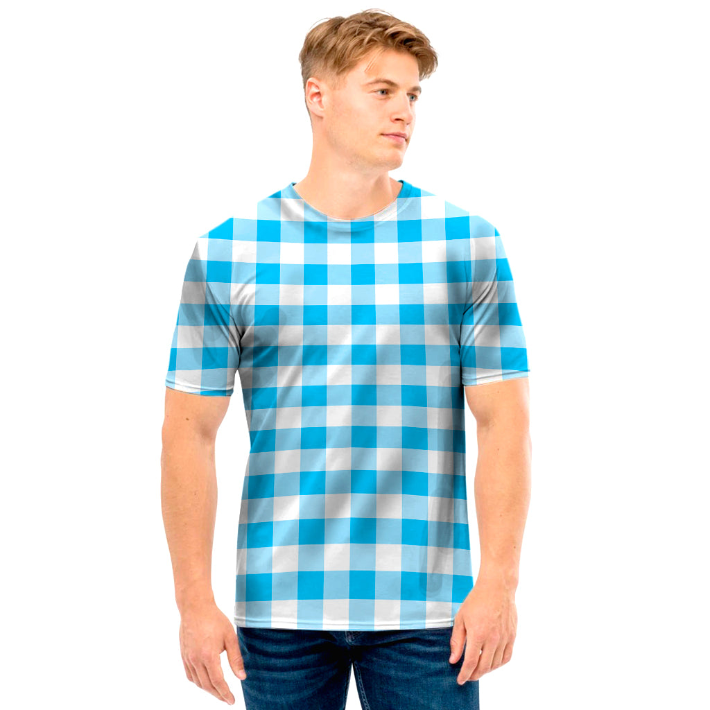 Cyan Blue And White Gingham Print Men's T-Shirt