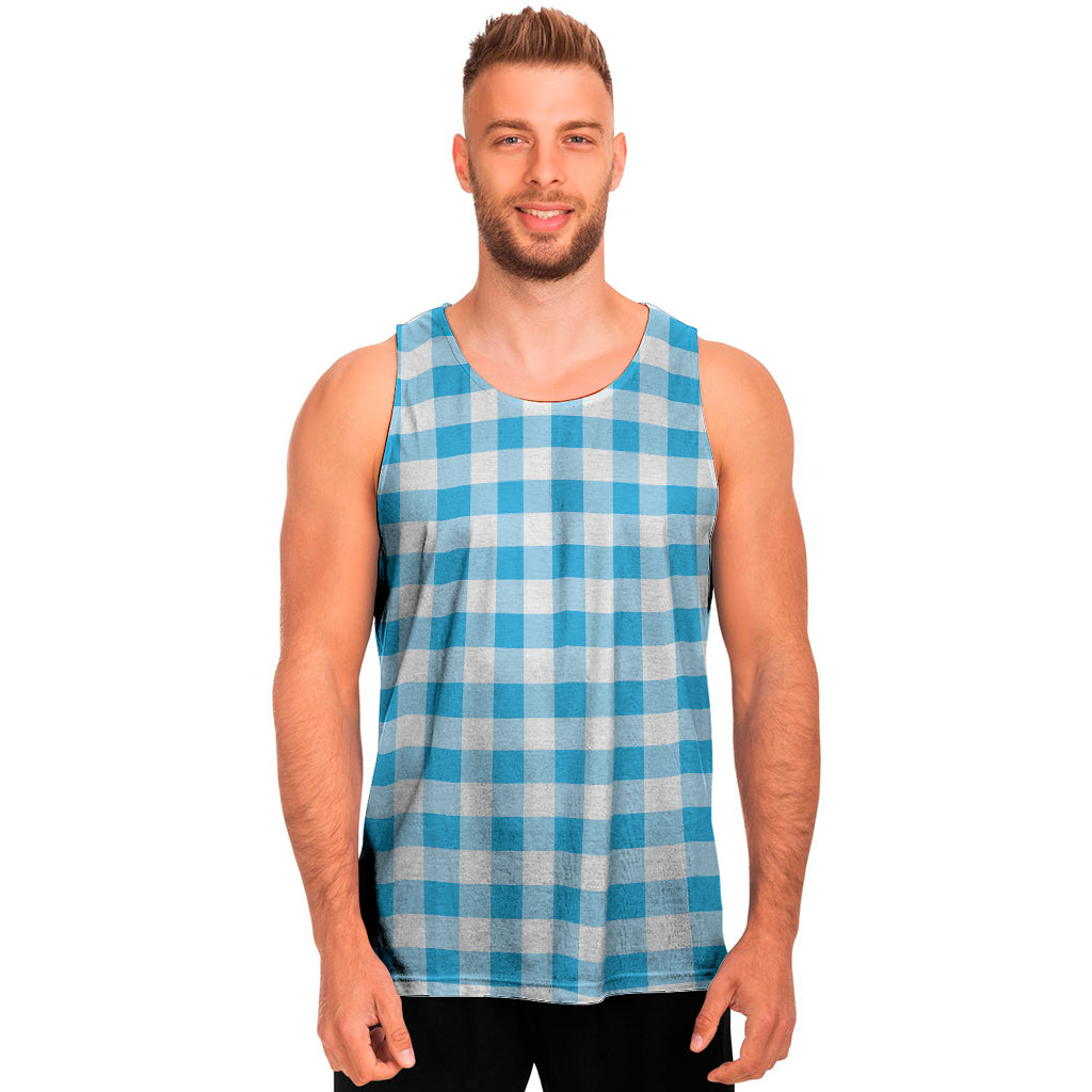 Cyan Blue And White Gingham Print Men's Tank Top