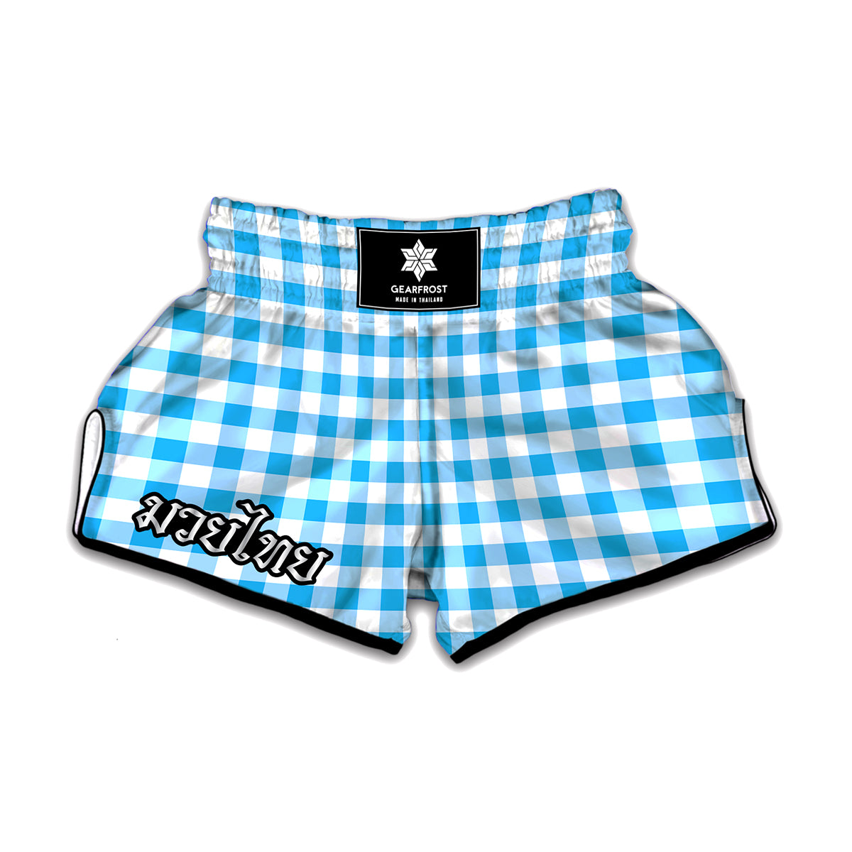 Cyan Blue And White Gingham Print Muay Thai Boxing Shorts