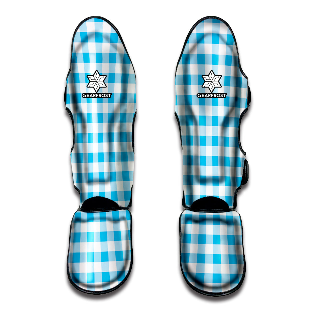 Cyan Blue And White Gingham Print Muay Thai Shin Guards