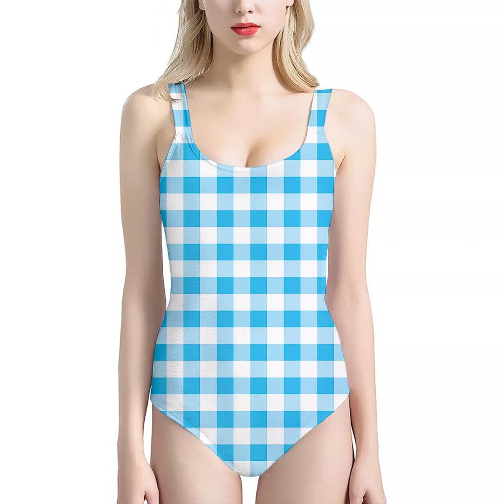 Cyan Blue And White Gingham Print One Piece Halter Neck Swimsuit