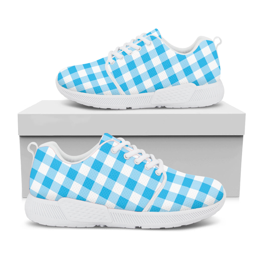 Cyan Blue And White Gingham Print White Athletic Shoes