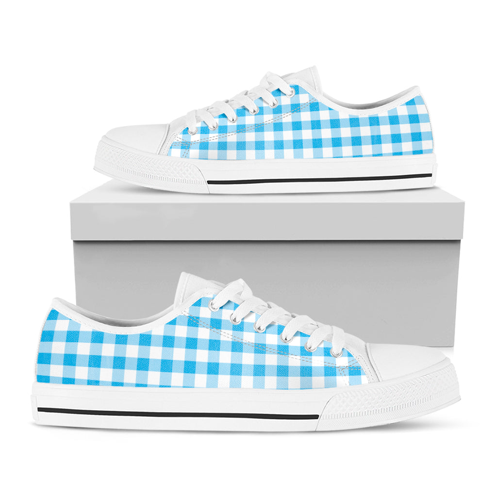 Cyan Blue And White Gingham Print White Low Top Shoes