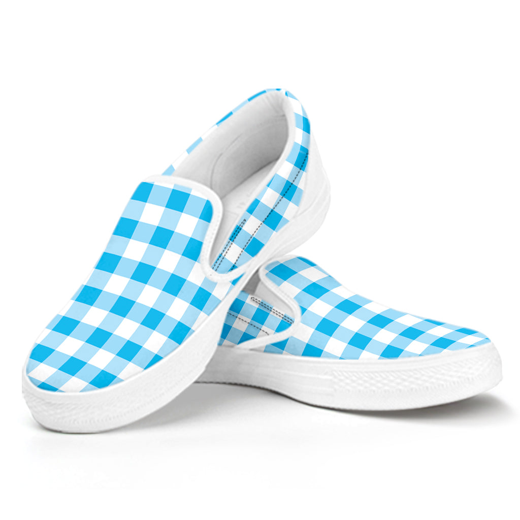 Cyan Blue And White Gingham Print White Slip On Shoes