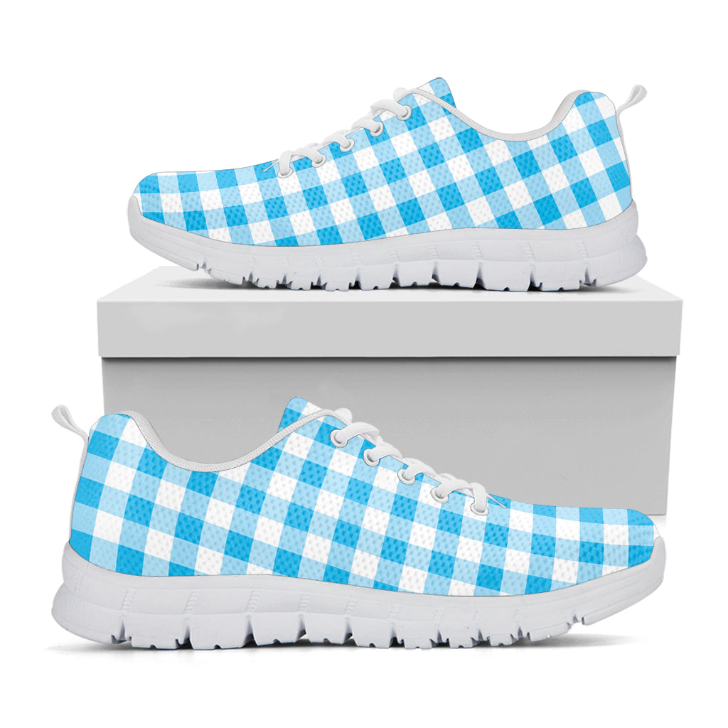 Cyan Blue And White Gingham Print White Sneakers