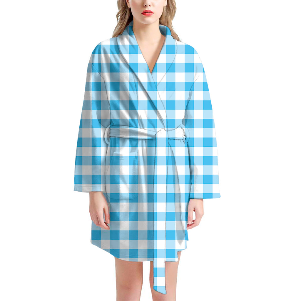 Cyan Blue And White Gingham Print Women's Bathrobe