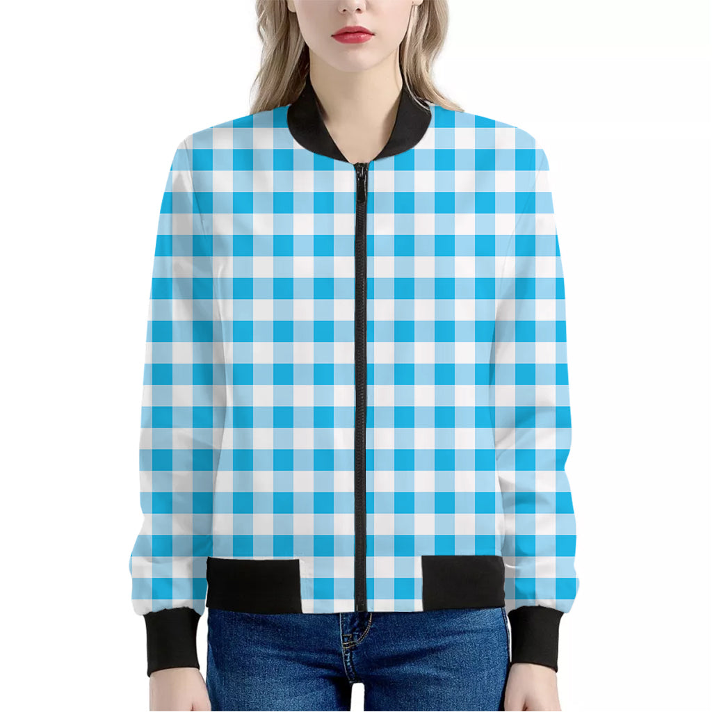 Cyan Blue And White Gingham Print Women's Bomber Jacket