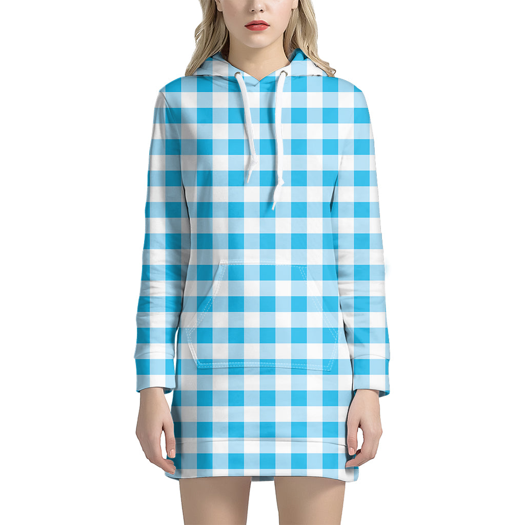 Cyan Blue And White Gingham Print Women's Pullover Hoodie Dress