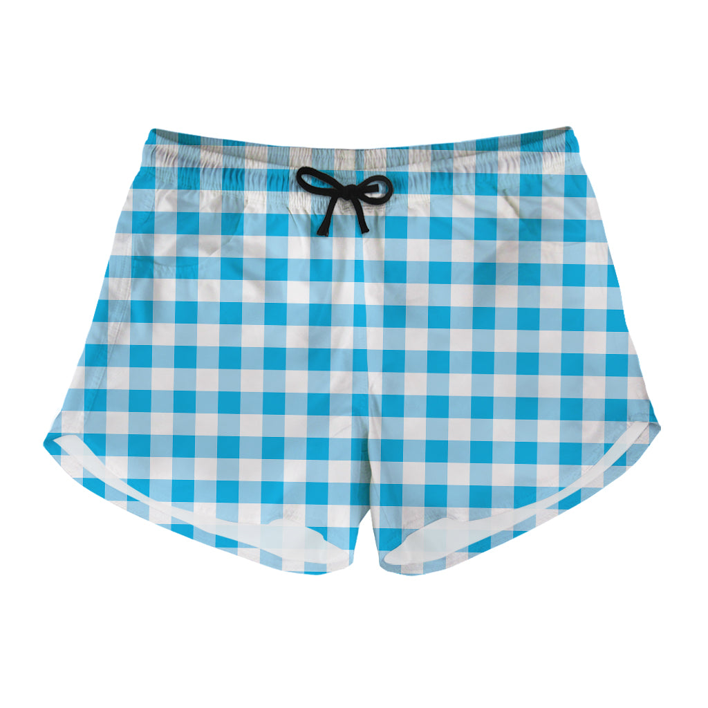 Cyan Blue And White Gingham Print Women's Shorts