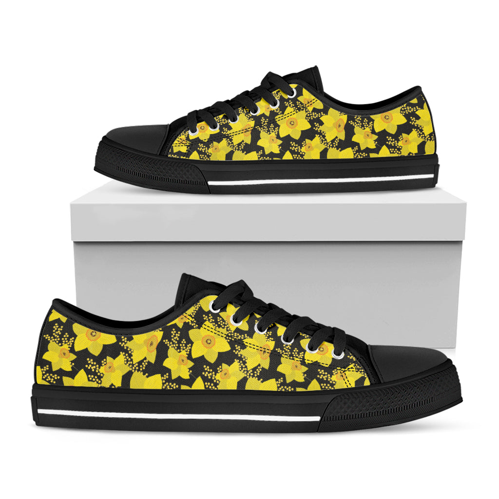 Daffodil And Mimosa Pattern Print Black Low Top Shoes