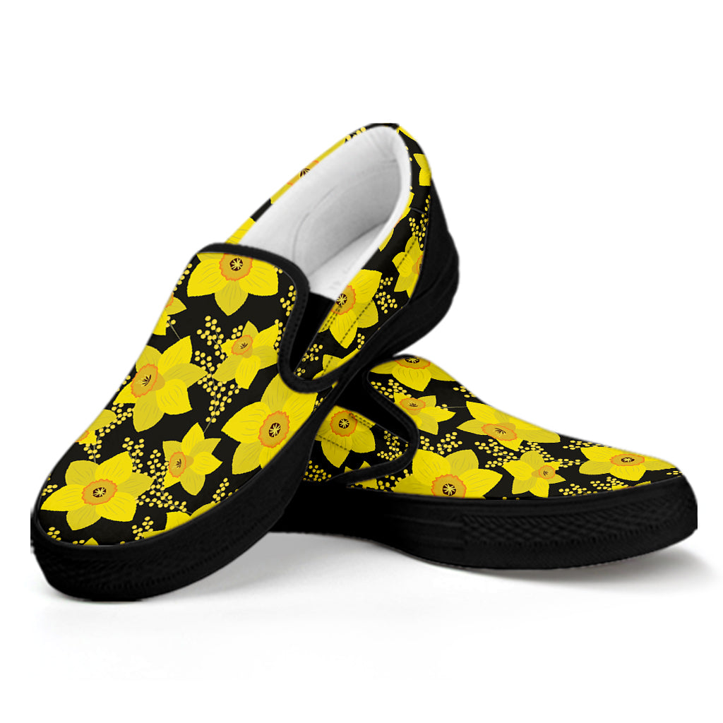 Daffodil And Mimosa Pattern Print Black Slip On Shoes