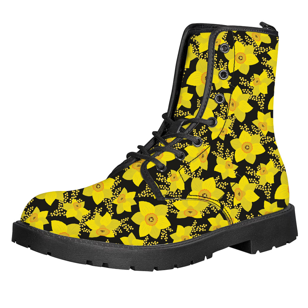 Daffodil And Mimosa Pattern Print Leather Boots