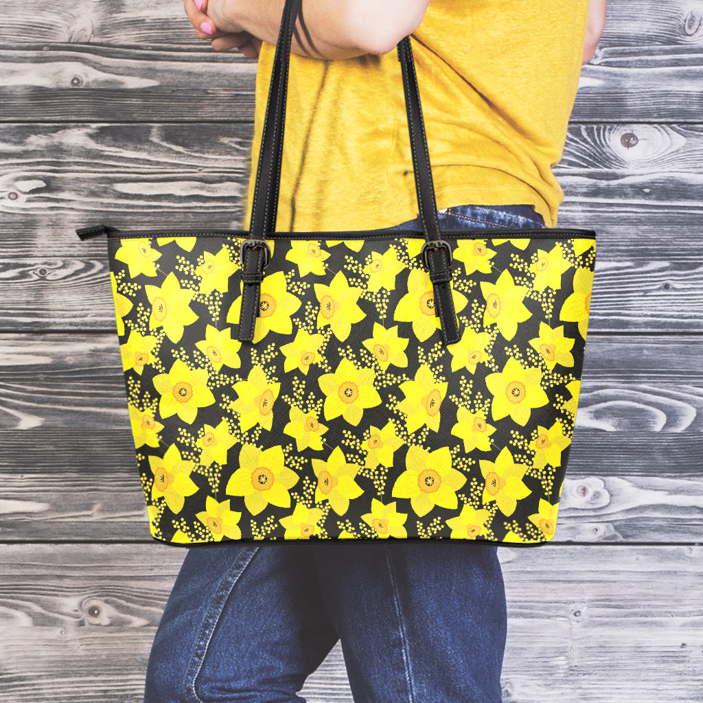 Daffodil And Mimosa Pattern Print Leather Tote Bag