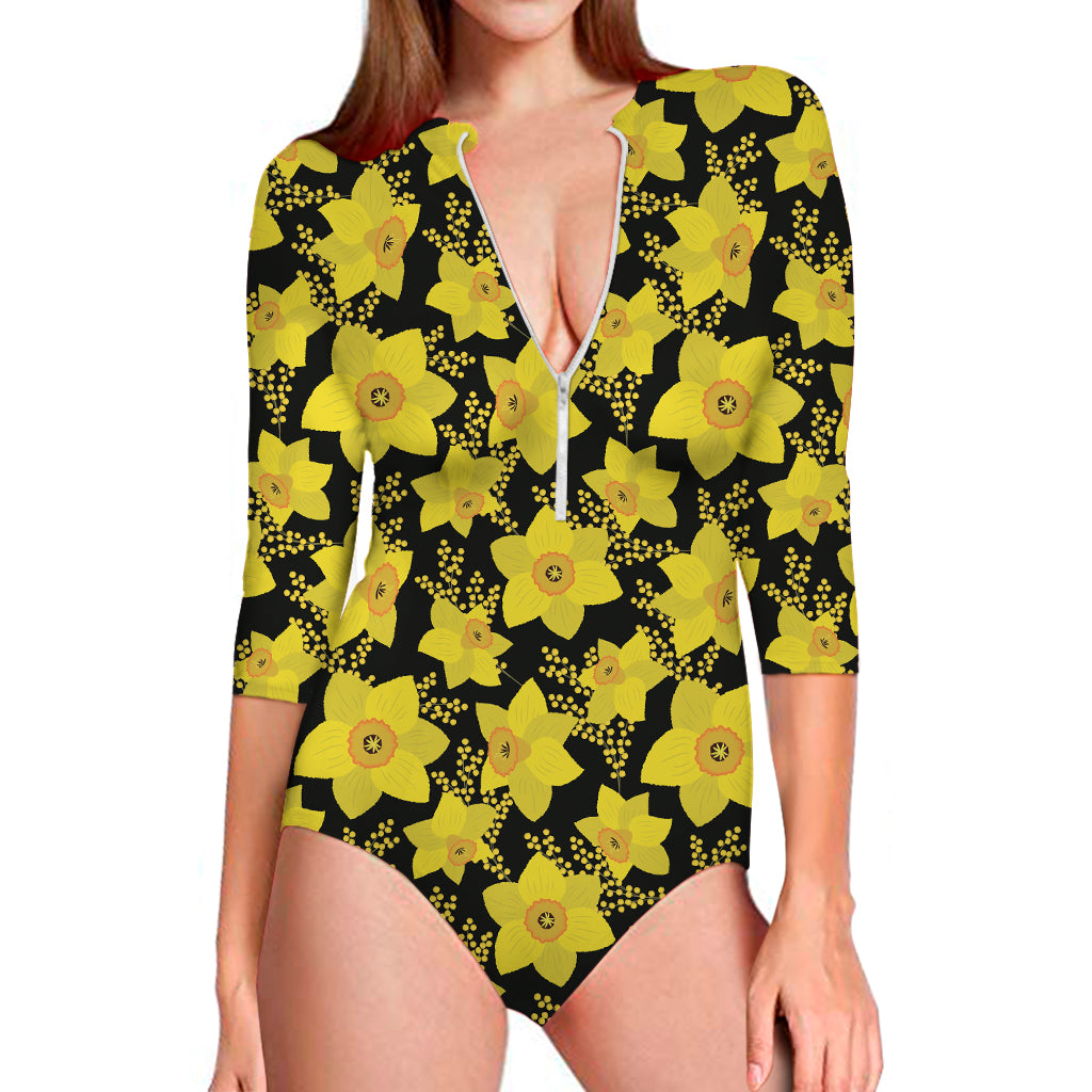 Daffodil And Mimosa Pattern Print Long Sleeve One Piece Swimsuit