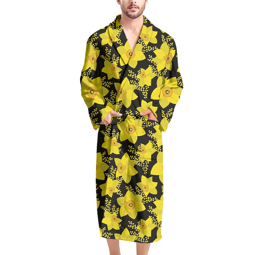 Daffodil And Mimosa Pattern Print Men's Bathrobe