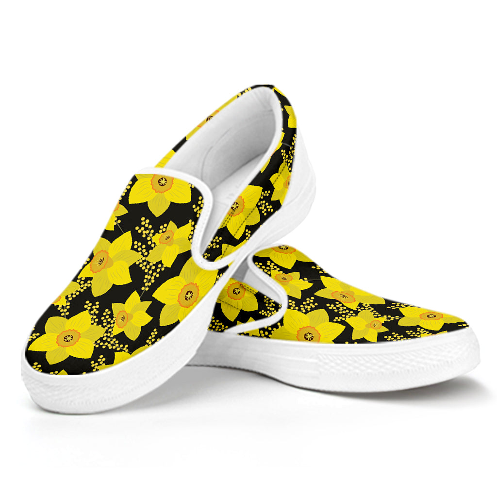 Daffodil And Mimosa Pattern Print White Slip On Shoes