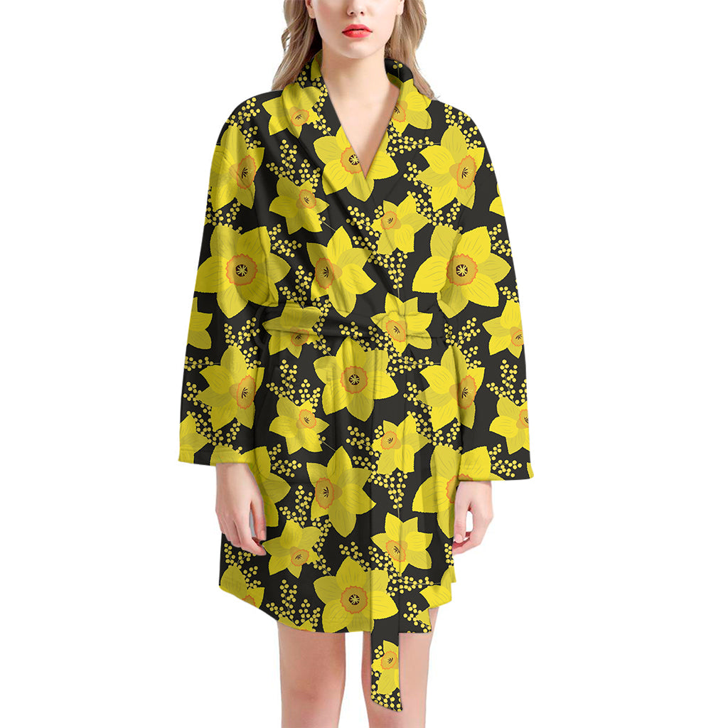 Daffodil And Mimosa Pattern Print Women's Bathrobe