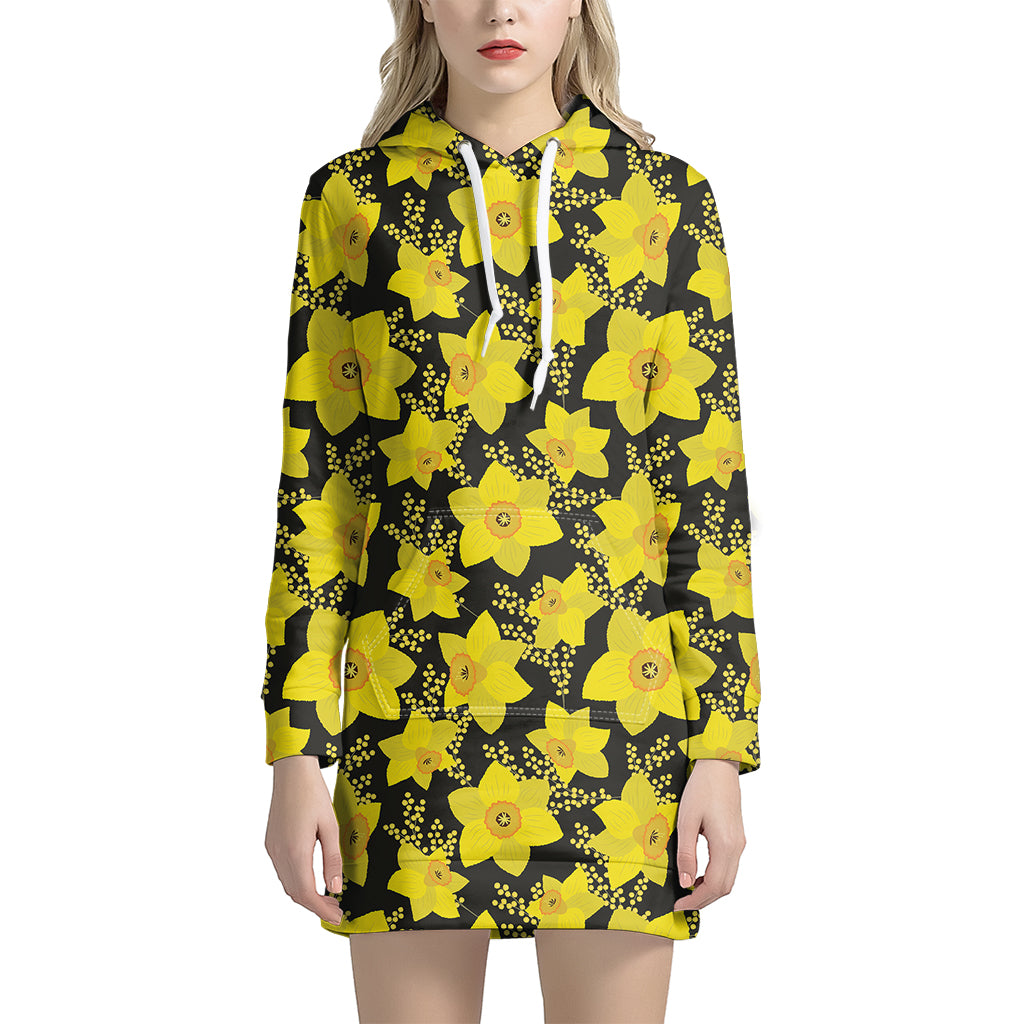 Daffodil And Mimosa Pattern Print Women's Pullover Hoodie Dress