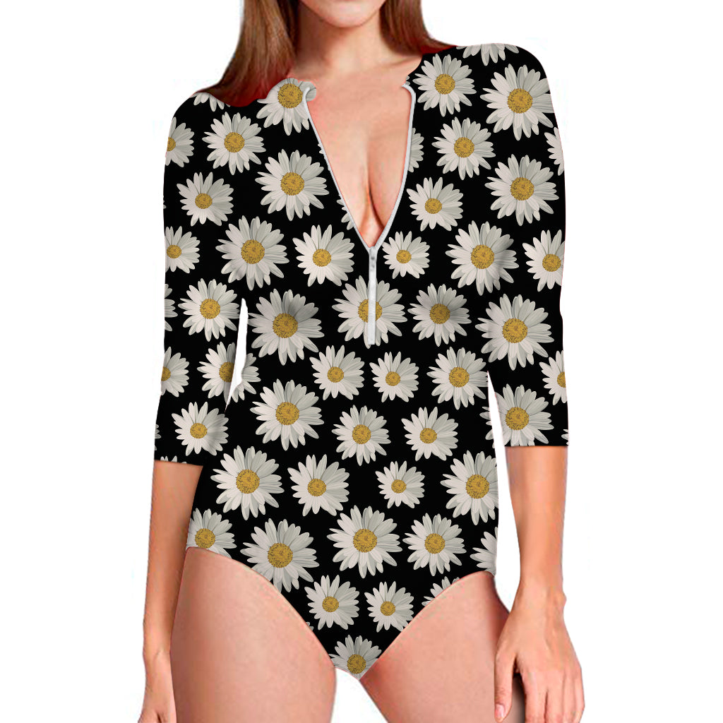 Daisy Flower Pattern Print Long Sleeve One Piece Swimsuit