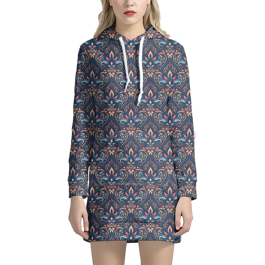 Damask Boho Pattern Print Women's Pullover Hoodie Dress