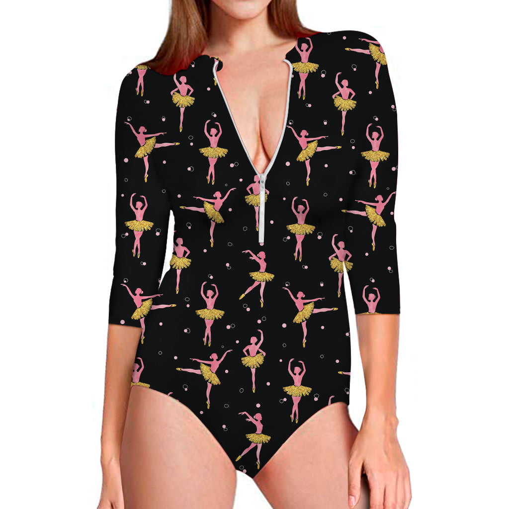 Dancing Ballet Pattern Print Long Sleeve One Piece Swimsuit