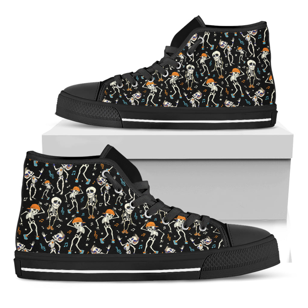 Dancing Skeleton Party Pattern Print Black High Top Shoes