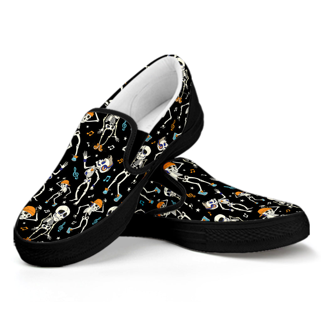 Dancing Skeleton Party Pattern Print Black Slip On Shoes