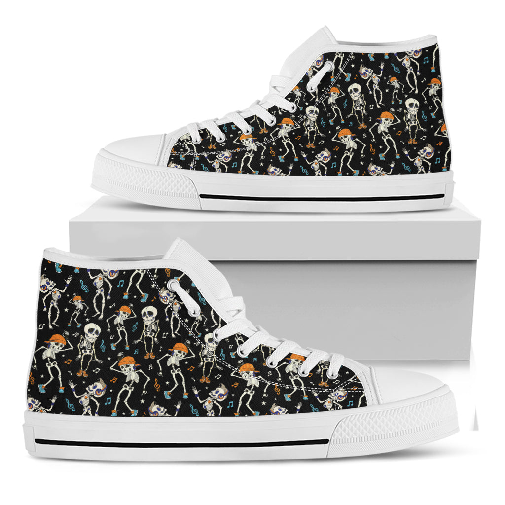 Dancing Skeleton Party Pattern Print White High Top Shoes