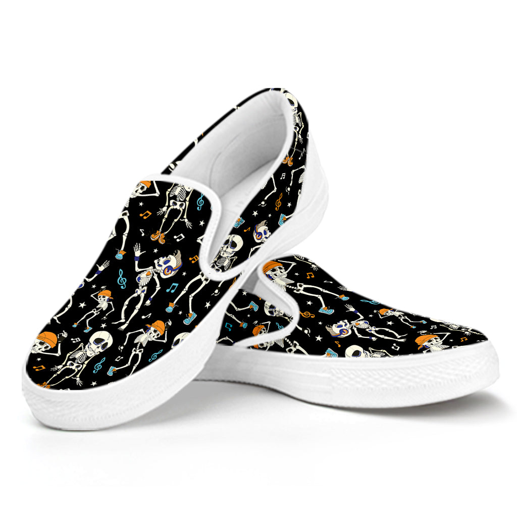 Dancing Skeleton Party Pattern Print White Slip On Shoes