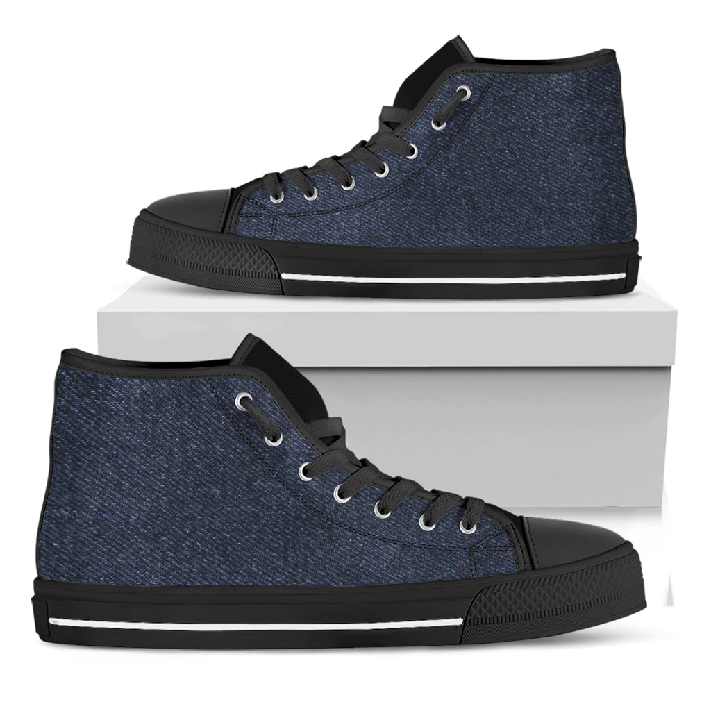 Dark Blue Denim Jeans Print Black High Top Shoes