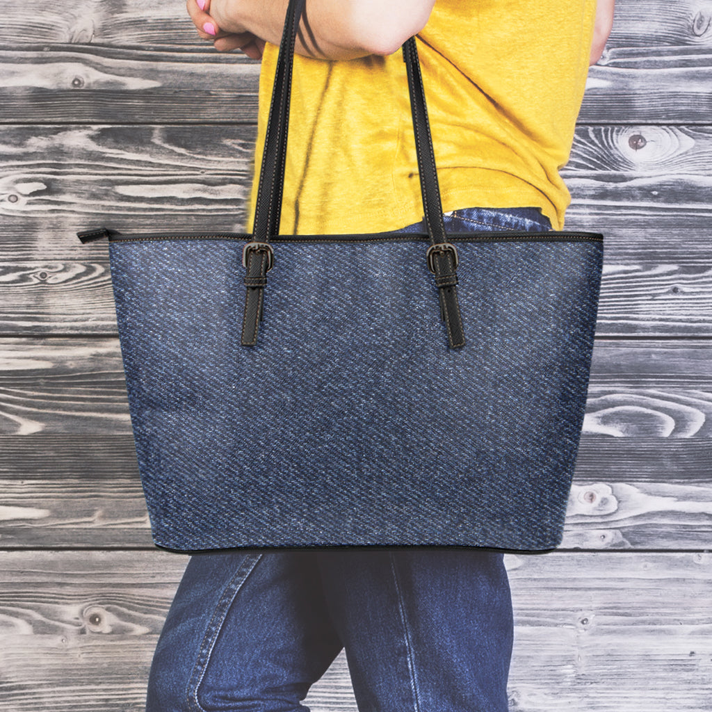 Dark Blue Denim Jeans Print Leather Tote Bag