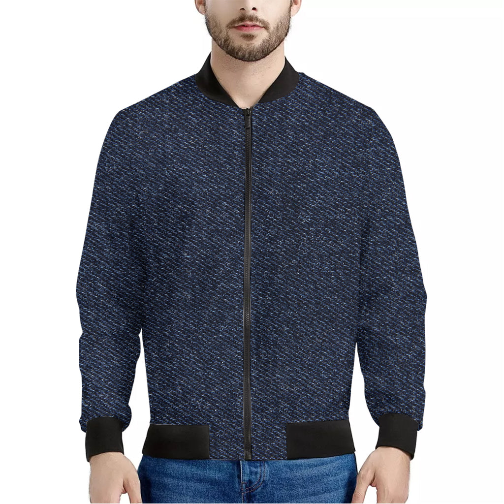 Dark Blue Denim Jeans Print Men's Bomber Jacket