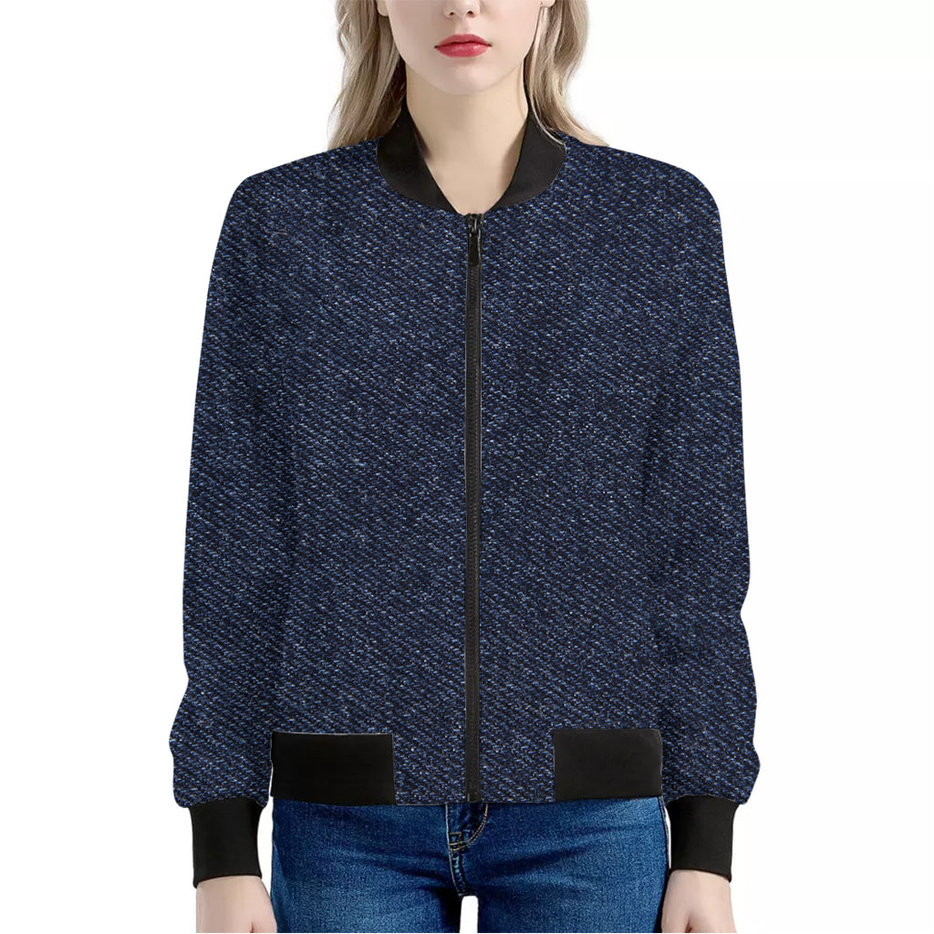 Dark Blue Denim Jeans Print Women's Bomber Jacket