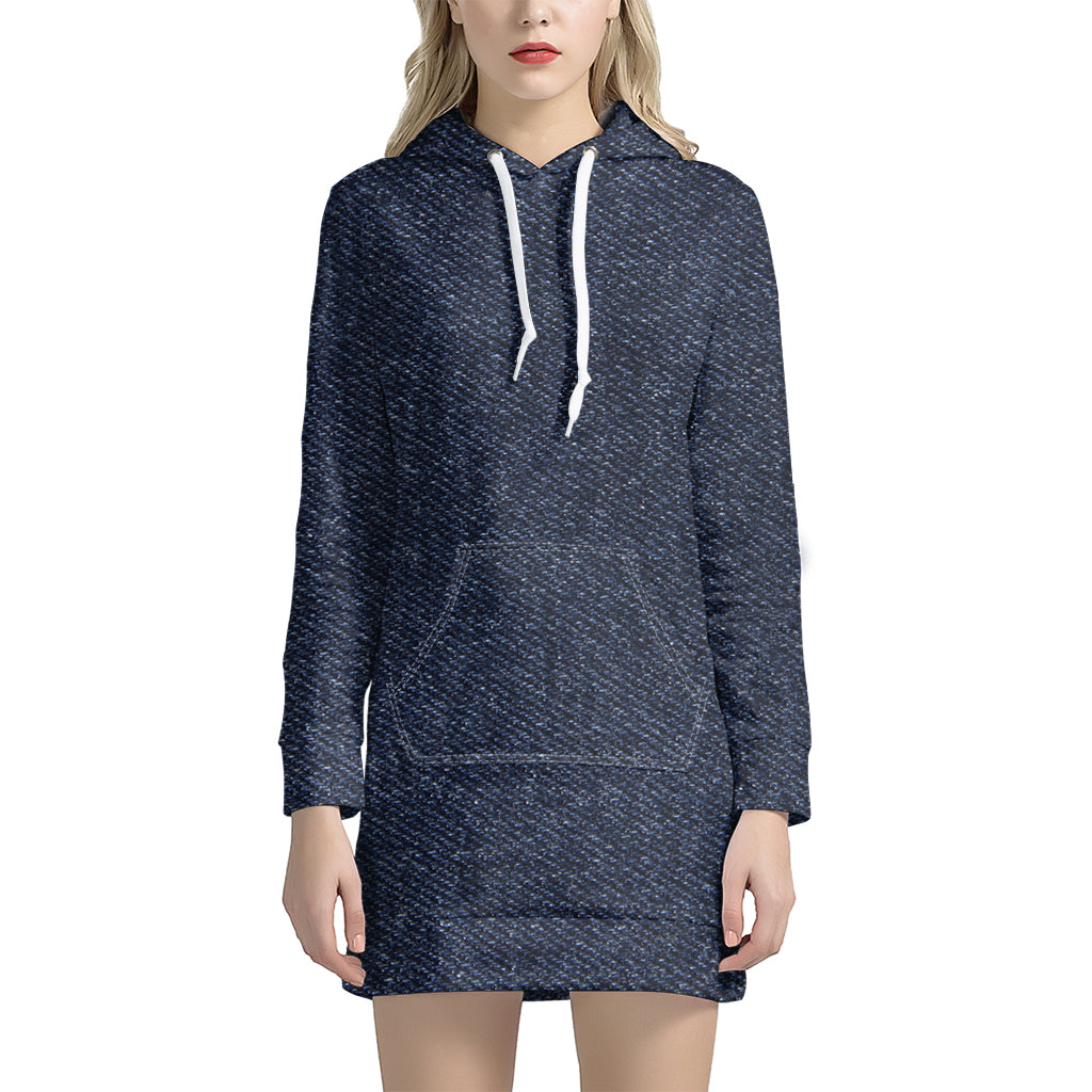 Dark Blue Denim Jeans Print Women's Pullover Hoodie Dress