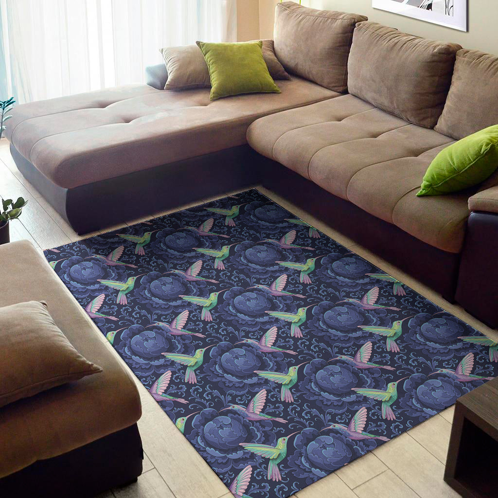 Dark Blue Floral Hummingbird Print Area Rug