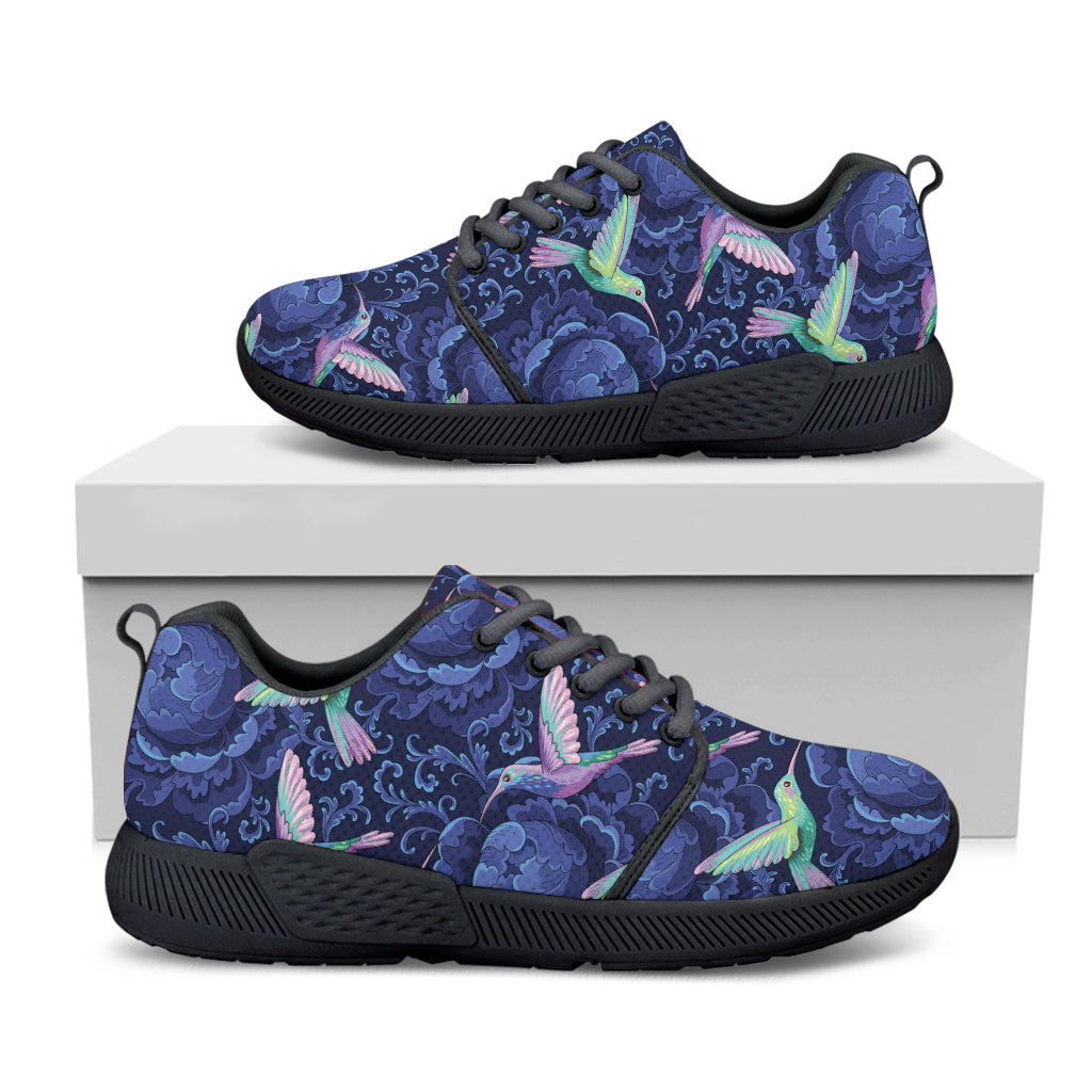 Dark Blue Floral Hummingbird Print Black Athletic Shoes