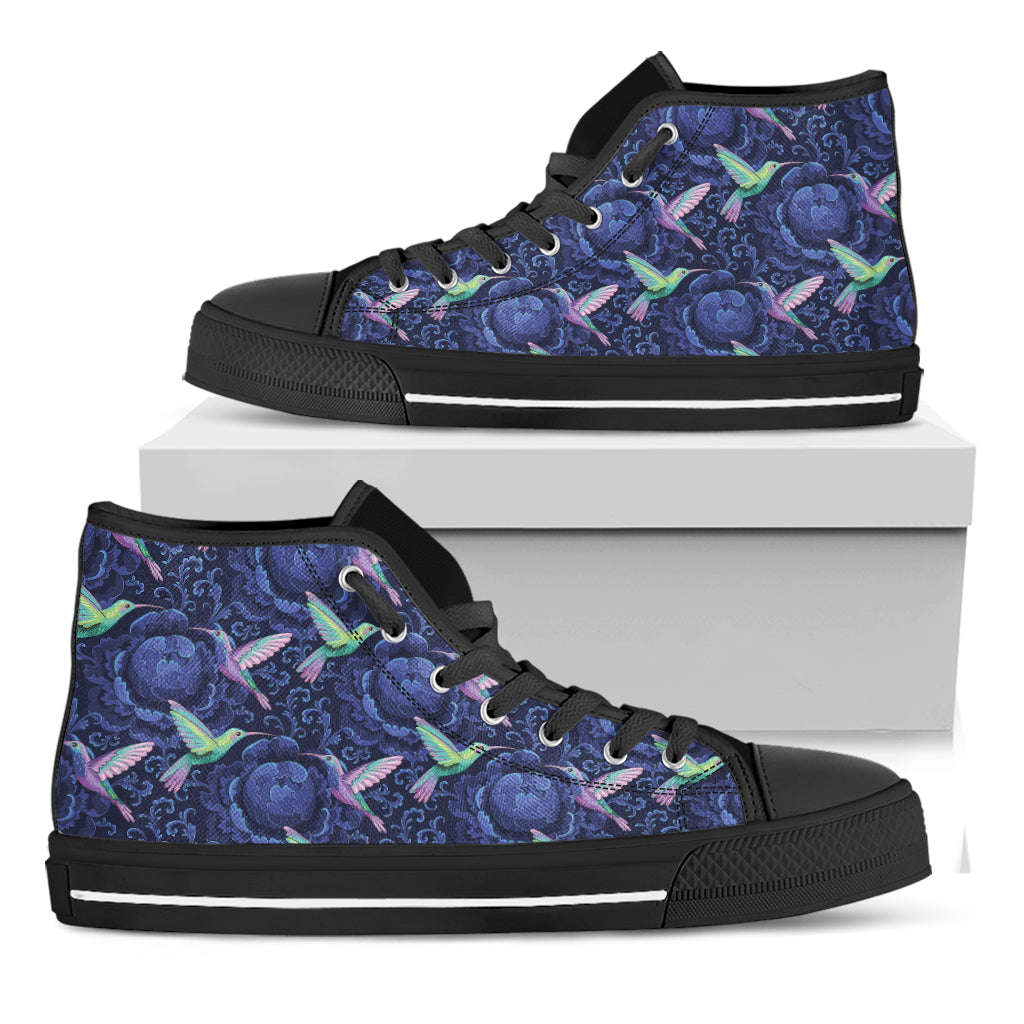 Dark Blue Floral Hummingbird Print Black High Top Shoes