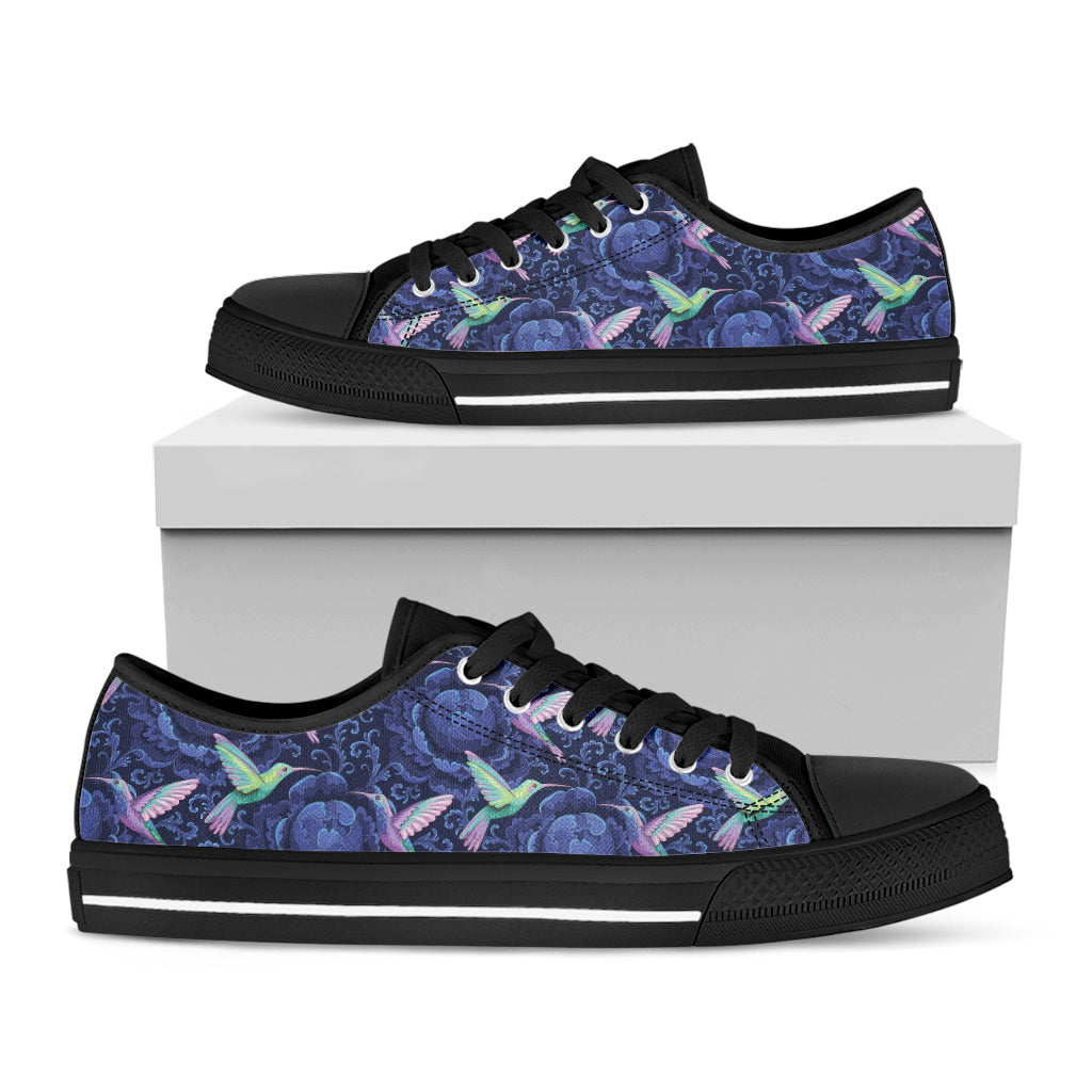 Dark Blue Floral Hummingbird Print Black Low Top Shoes