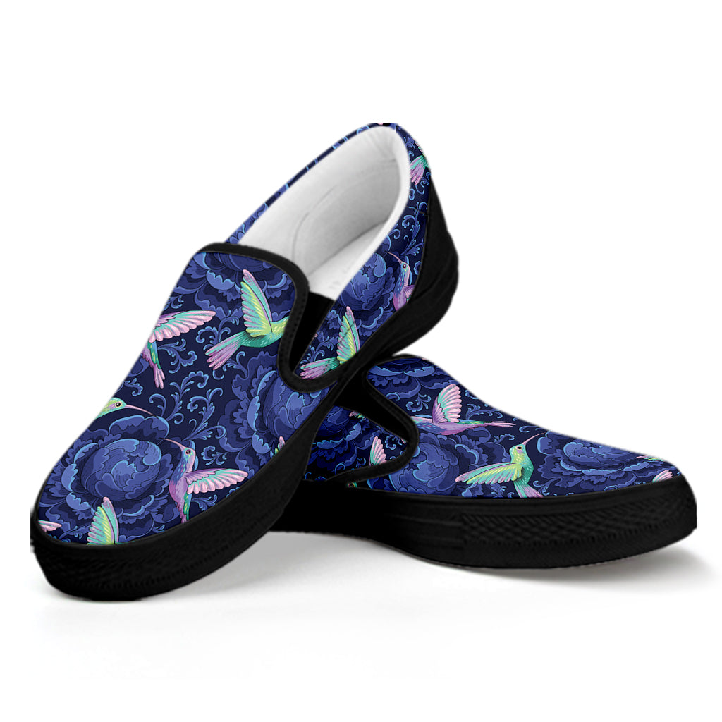 Dark Blue Floral Hummingbird Print Black Slip On Shoes