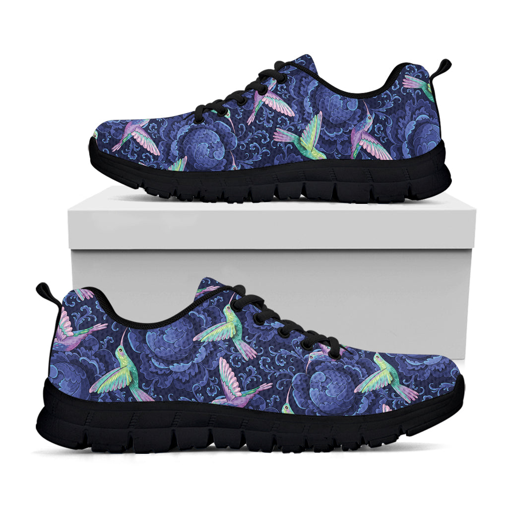 Dark Blue Floral Hummingbird Print Black Sneakers