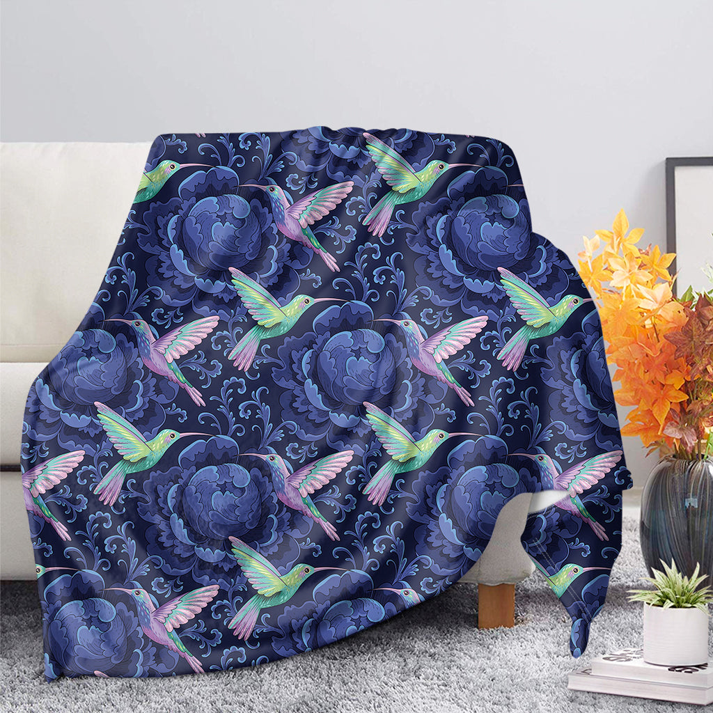 Dark Blue Floral Hummingbird Print Blanket