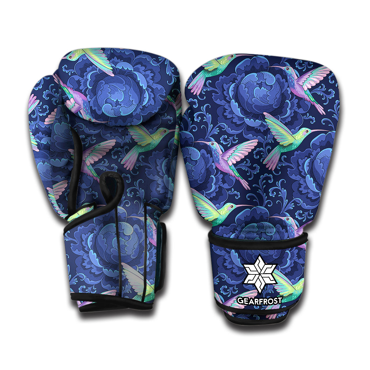 Dark Blue Floral Hummingbird Print Boxing Gloves